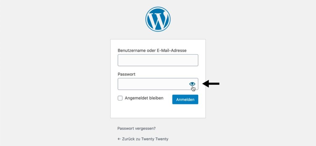 Screenshot: Anmeldeformular von WordPress 5.3, mit dem Auge-Symbol zum Einblenden des Passworts