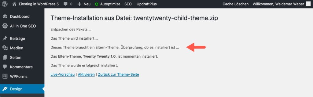 WordPress überprüft, ob das Eltern-Theme vorhanden ist und installiert dann das Child-Theme. 