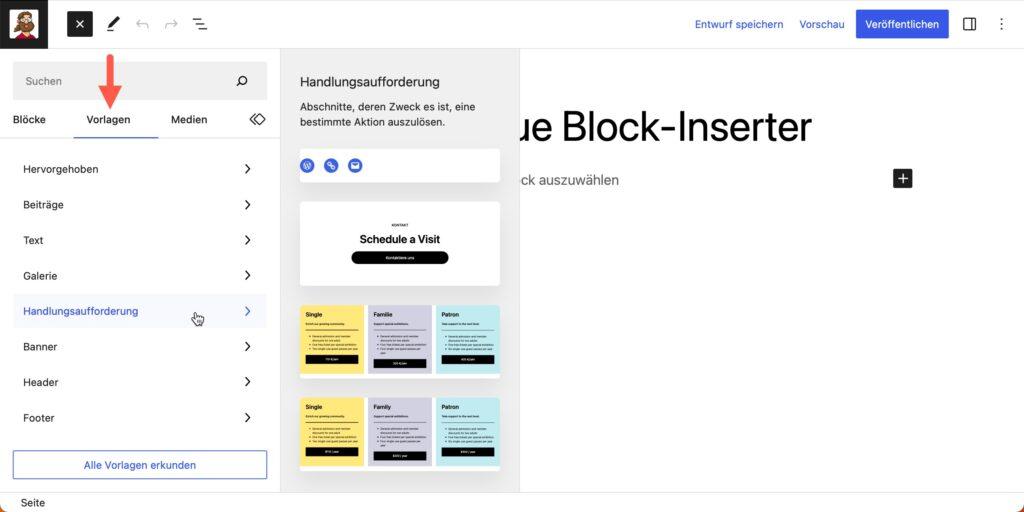 WordPress 6.2 - Register Vorlagen im Block-Inserter