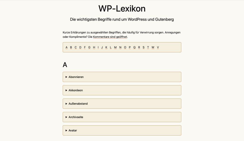 Screenshot der Seite WP-Lexikon auf einstieg-in-wp.de