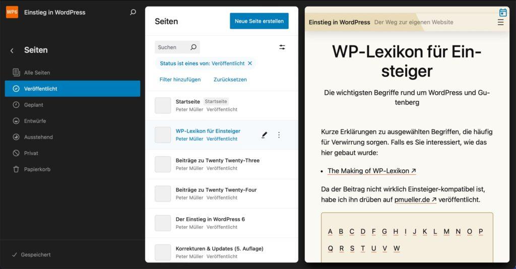 Der Website-Editor mit dem geöffneten Bereich Seiten und einer der neuen Ansichten, die alle veröffentlichten Seiten als Liste mit Vorschau anzeigt.