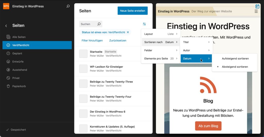 Der Website-Editor mit dem geöffneten Bereich Seiten und einer der neuen Ansichten Liste und den Optionen zur Sortierung der Seiten.