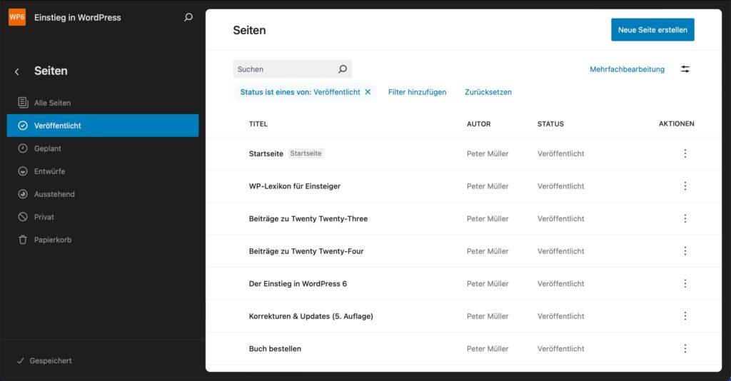 Der Website-Editor mit dem geöffneten Bereich Seiten und einer der neuen Ansichten, die alle veröffentlichten Seiten als Tabelle anzeigt.