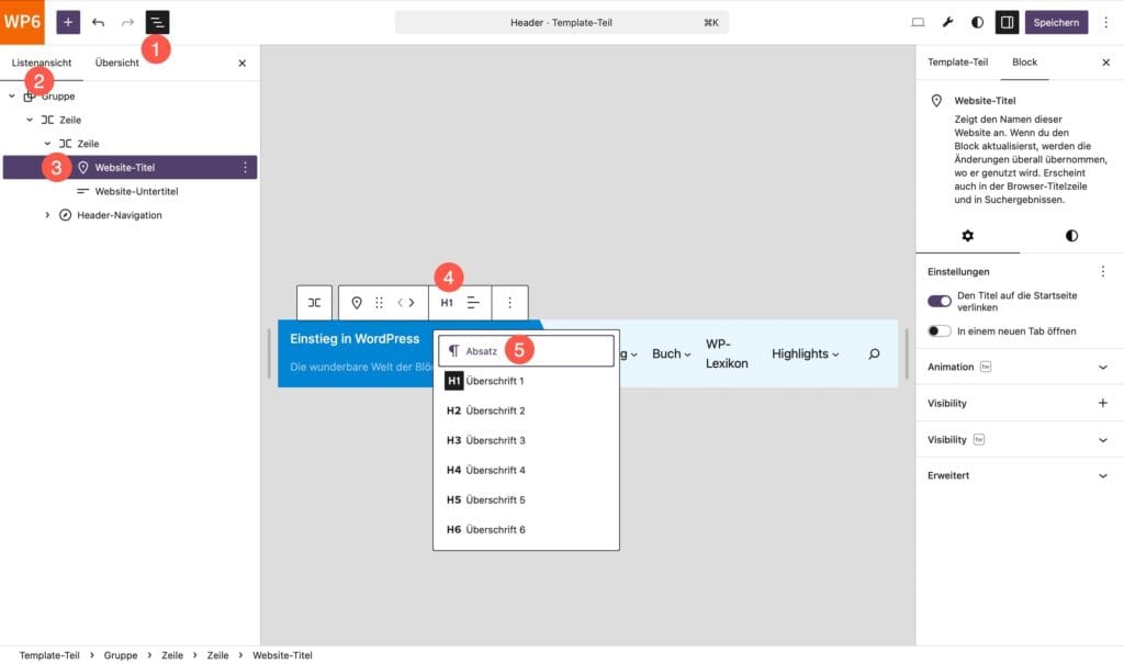 Website-Editor > Header > Website-Titel als Absatz
